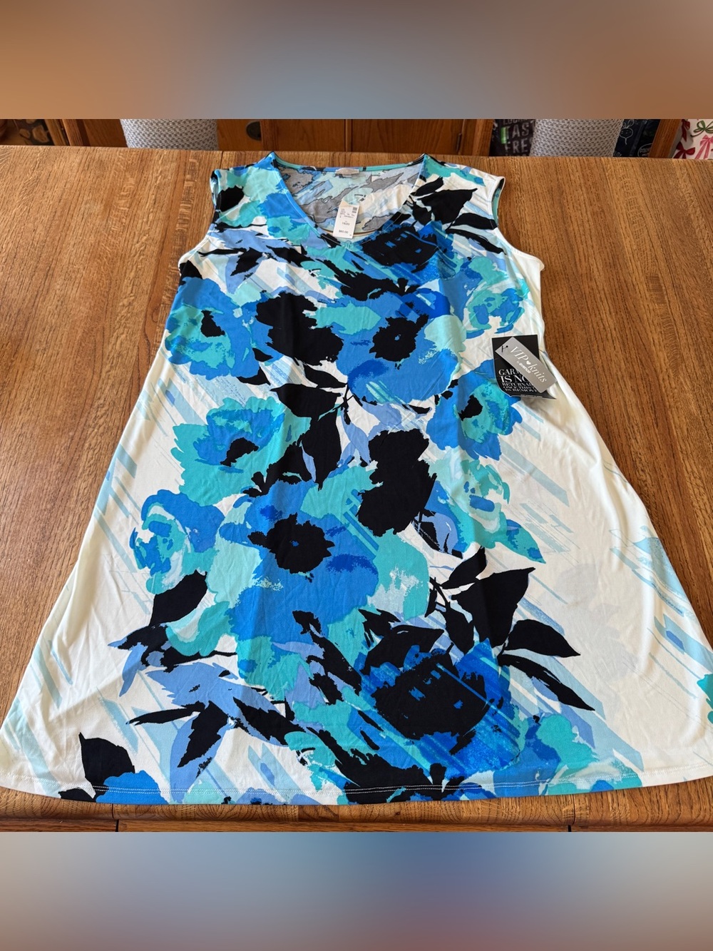 NWT Avenue VIP Knits Gold Bar V-Neck Floral Dress Blue Teal Black 18/20⁠
